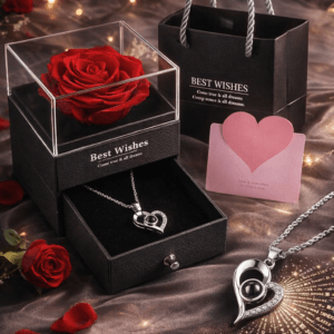 Rose Flower With Heart Necklace